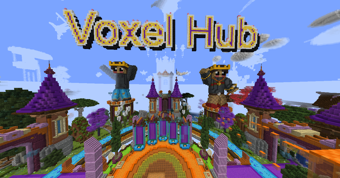 VoxelHub Grand Sky Lobby and 3D Voxel Hub Monument in Minecraft with King Statues and Gateway Arches